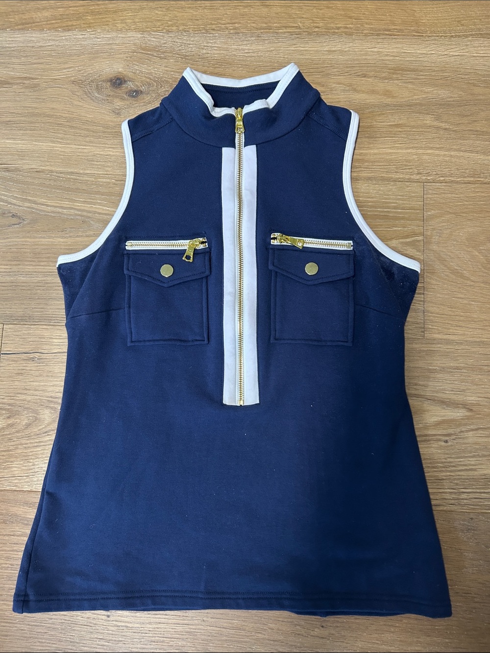 Boston Proper Navy Sleeveless Chic Zip Top XS